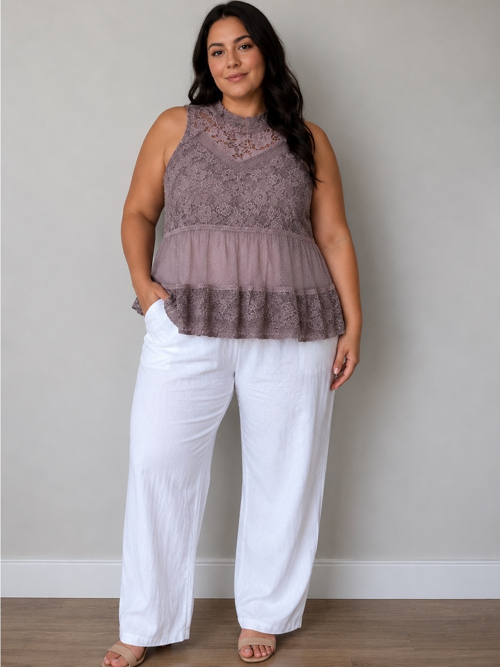 Maurices Mauve Lace Sleeveless Top Size 1 Boho Sheer Crochet Peplum